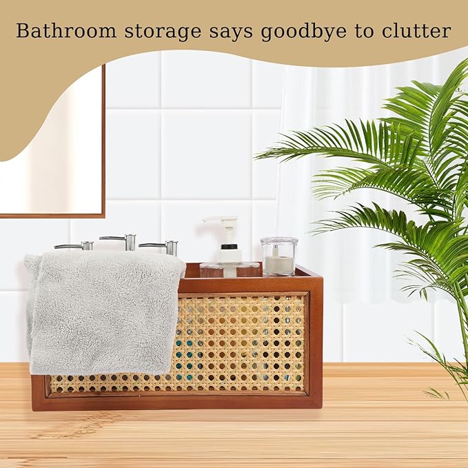 Wooden Storage Basket with Rattan Cane Webbing, Brown, Handles, Book, Office, Desktop Basket