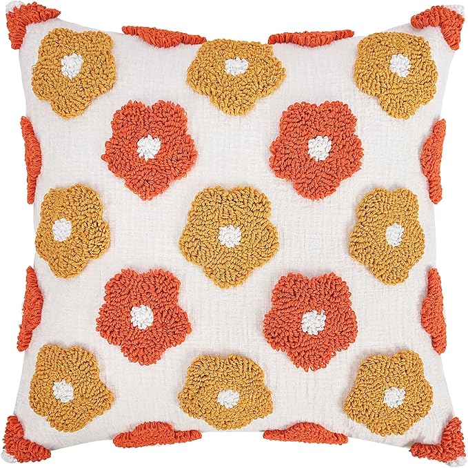 Adabana Chenille Flower Throw Pillow Cover 18x18 Boho Decorative Tufted Pillows Cover Soft Textured Accent Pillow for Couch Bed Sofa Living Room Bedroom, Yellow Orange