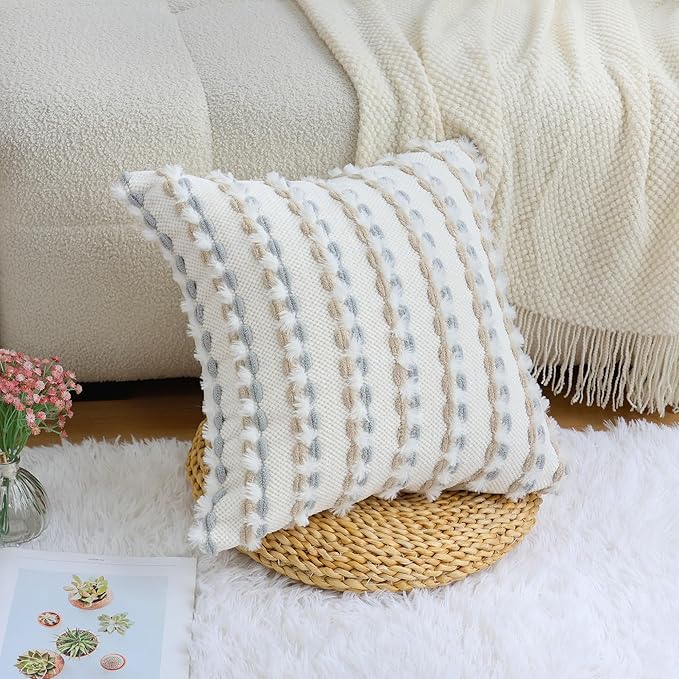 18x18 Boho Pillow Cover-Chenille Tufted Decorative Throw Pillow Cover Soft Velvet Backing, Farmhouse Square Accent Pillowcase for Sofa, Couch, Bedroom, Living Room, White-Grey, Brown Stripe