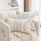 Boho Throw Pillow Covers 18x18 Set of 2 Cotton Woven Tufted Farmhouse Pillows Covers with Tassels Outdoor Neutral Beige Decorative Pillowcases Square Textured Accent Cushion Cases for Couch Bed Sofa