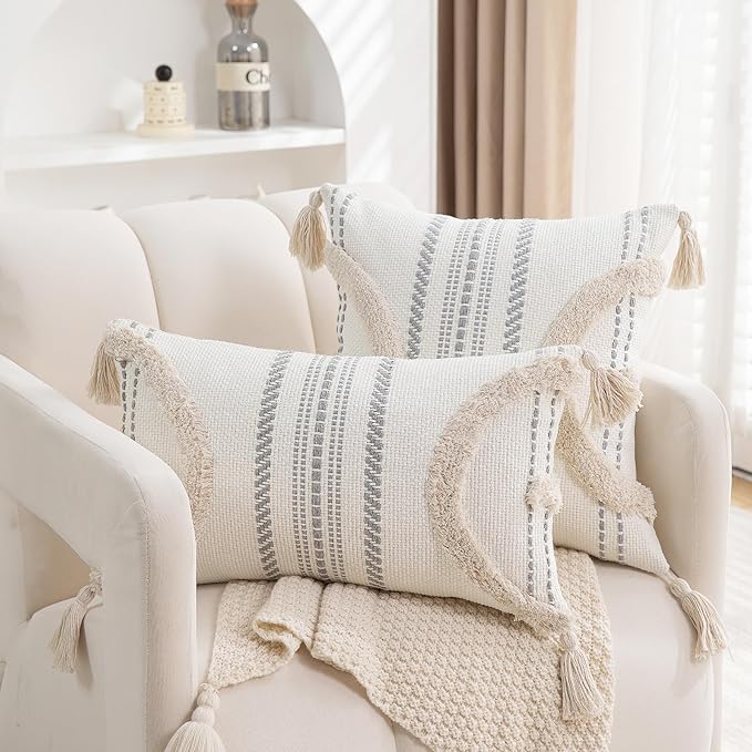 Boho Throw Pillow Covers 18x18 Set of 2 Cotton Woven Tufted Farmhouse Pillows Covers with Tassels Outdoor Neutral Beige Decorative Pillowcases Square Textured Accent Cushion Cases for Couch Bed Sofa