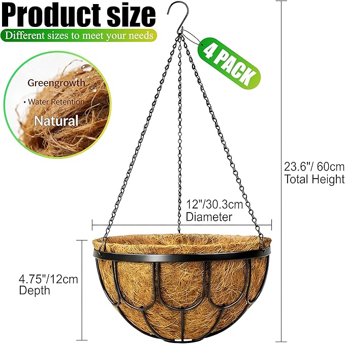 4 Pack 12 Inch Hanging Planters for Outdoor Plants, Black Metal Wire Hanging Flower Baskets with Coco Coir Liner, Large Hanging Plant Pots for Garden, Patio, Balcony, Indoor Home Decor