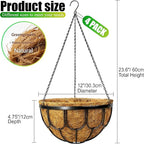 4 Pack 12 Inch Hanging Planters for Outdoor Plants, Black Metal Wire Hanging Flower Baskets with Coco Coir Liner, Large Hanging Plant Pots for Garden, Patio, Balcony, Indoor Home Decor