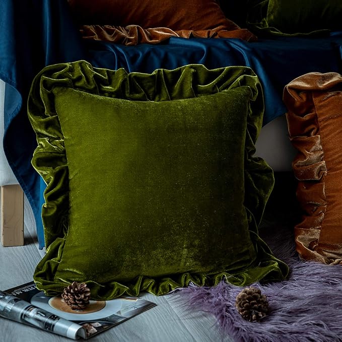 Velvet Throw Pillow Cover Soft Decorative Luxurious Solid Square Cushion Case for Sofa Couch Bedroom Farmhouse,Pack of 2, 18 x 18 Inches, Olive Green