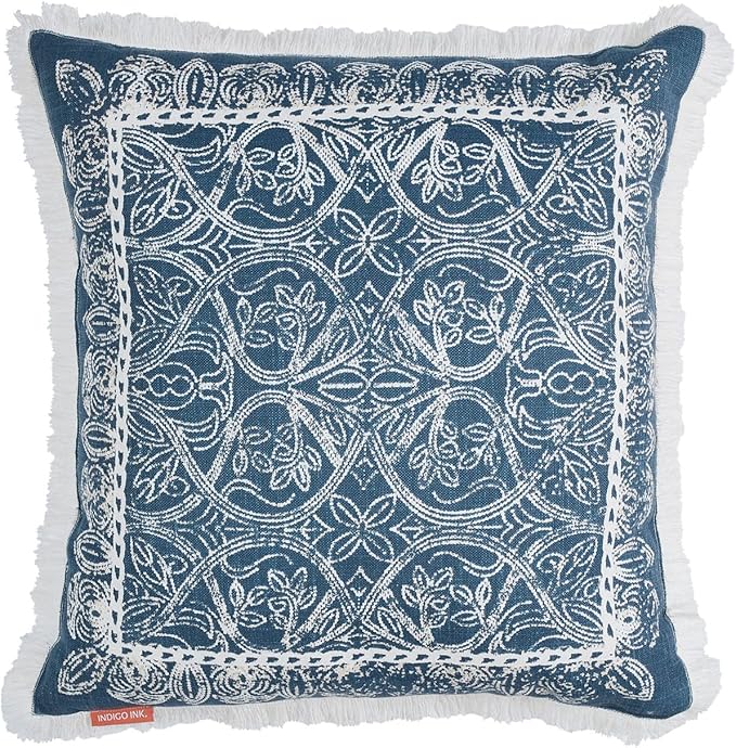 Indigo Ink - Decorative Pillow, Medallion Pillow with Fringe, Throw Pillows for Couch or Bed, Boho Home Decor, 20" x 20" (White Denim Collection, Navy Blue)