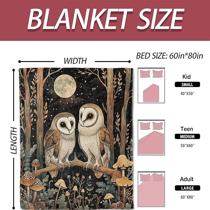 Moonlit Owl Couple Flannel Blanket 50x60in,Enchanted Forest Mushroom Night Scene,Soft Lightweight Throw for Bird Lovers,Cottagecore Decor,Nature Fans and Witchy Aesthetic Home Gifts Blankets