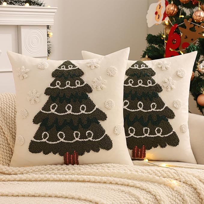 Tosleo Christmas Tufted Pillow Covers 18 x 18 inch Set of 2 Green Xmas Tree with Snowflake Throw Pillow Cover Party Decor Winter Holiday Embroidery Cushion Case for Sofa Couch Bed Living Room