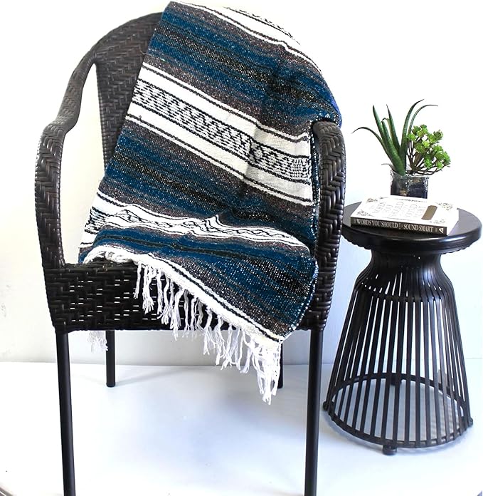 Del Mex Classic Mexican Blanket, Large Authentic Woven Falsa Throw (70"x50"), Artisan Southwest Décor for Beach, Yoga, Outdoors (Navy Blue)