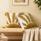 Boho Throw Pillow Covers 18x18 Inch Set of 1, Yellow Sun Tufted Square Pillow Covers with Tassels, Bohemian Farmhouse Decorative Cushion Cover for Couch Sofa Bedroom Living Room Home Decor