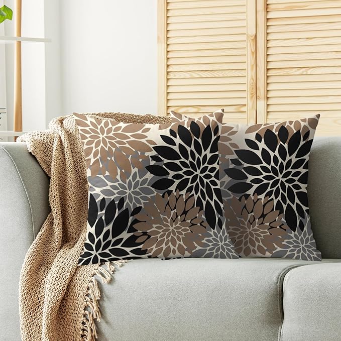 Black Light Brown Pillow Covers 16X16 Inch Set of 2, Spring Summer Floral Dahlia Flower Cream Decorative Throw Pillow Covers Outdoor Modern Farmhouse Cushion Case for Home Couch Sofa Bed Decor