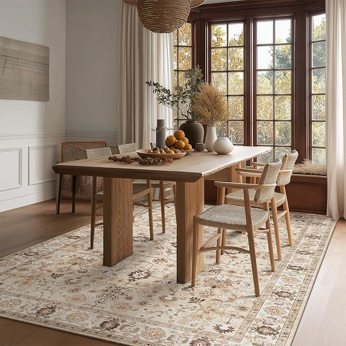 Washable Area Rugs 5'x7' Non-Slip Vintage Boho Distressed Fade Resistant Low Pile Carpet for High-Traffic Living Room, Bedroom & Dining Room