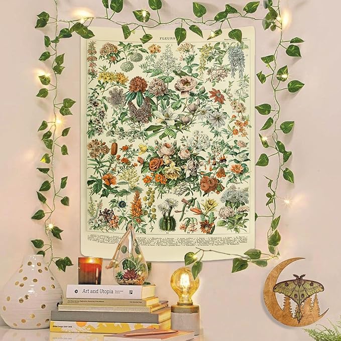 Vintage Flowers Tapestry 48”x36”, Long Vertical Wall Hanging Reference Illustrative Botanical Tapestries for Bedroom Aesthetic Floral Tapistry Botanical Plants Tapestry Wall Hanging Cute Bedroom Decor