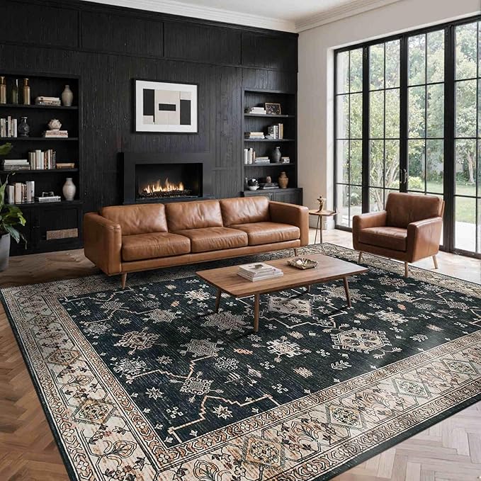8x10 Area Rugs for Living Room, Large Washable Rug, Black Vintage Boho Rug, Non Slip & Low Pile Faux Wool Carpet for Indoor Dining Room, Bedroom and Farmhouse(Black 8x10ft)