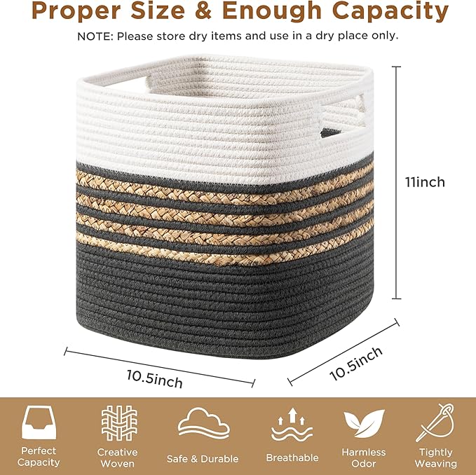UBBCARE Set of 3 Storage Cubes 11 X 10.5 X 10.5 in, Water Hyacinth Storage Bins for Shelves, Toys, Book, Storage Baskets with Handles, Cotton Rope Woven Baskets for Organizing, Dark Grey