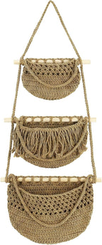 Cabilock 3 Tier Hanging Fruit Basket for Kitchen - Boho Macrame Woven Wall Storage for Onion and Potato, Space-Saving Cotton Rope Produce Organizer for Pantry & Bathroom