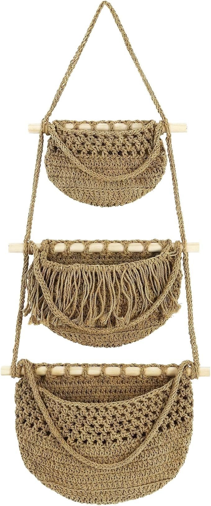 Cabilock 3 Tier Hanging Fruit Basket for Kitchen - Boho Macrame Woven Wall Storage for Onion and Potato, Space-Saving Cotton Rope Produce Organizer for Pantry & Bathroom