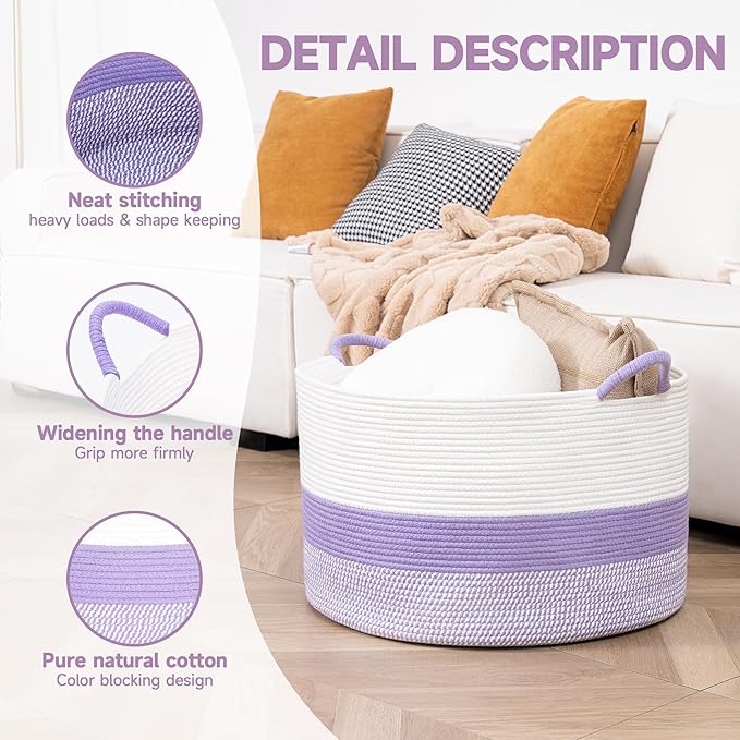 CLHMILY&Z Round Cotton Rope Storage Basket - 22x14.2 Inches - Cute Nursery Bin, Baby Toy Organizer, Lavender Organizer for Home Decor, Multi-Purpose Home Tidy Solution
