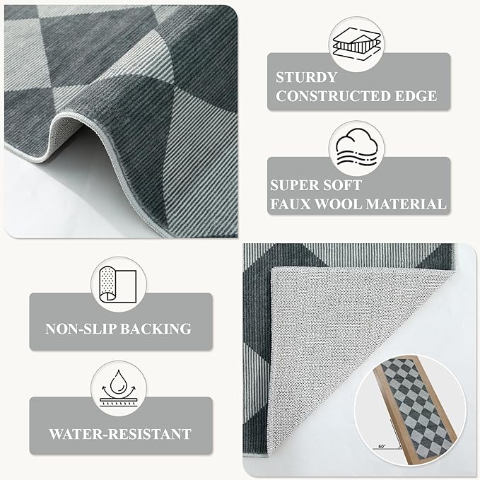 Beeiva Checkered Rug Runner for Hallways 2.5x12, Kitchen Runner Rugs Non Skid Washable Ultra Thin, Moroccan Extra Long Carpet for Bathroom Decor, Modern Plaid Carpet for Kitchen (Blue/Grey)
