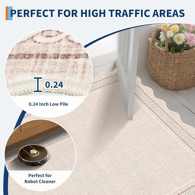 Garvee Scalloped Washable Runner Rug 2x6 Non Slip Kitchen Rugs Indoor Entryway Rug Modern Soft Bath Mat Low Pile Stain Resistant Carpet for Bedroom Hallway Laundry Living Room 2'x6' Beige