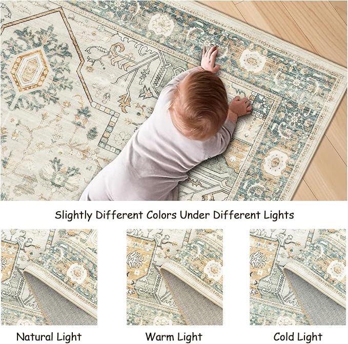 6x9 Rug, Stain Resistant Washable Area Rugs with Anti-Slip Backing, Vintage Rug, Large Bedroom, Living Room Rugs, Foldable Soft Rug (Green/Light Grey, 6'x9')
