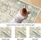 8x10 Area Rugs for Living Room, Vintage Washable Rug with Non-Slip Backing, Stain Resistant Large Area Rug for Dining Room, Soft Rugs for Bedroom (Green/Light Grey, 8'x10')
