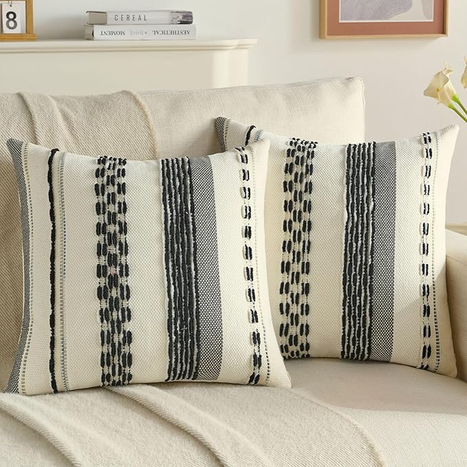 FUTEI Black White Decorative Throw Pillow Covers 20x20 Inch Set of 2, Soft Tufted Striped Textured Accent Cushion Case,Boho Pillows for Couch Decor