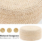 Cpintltr Ottoman Natural Seagrass Footrest Poufs Hand Weave Round Foot Stool for Couch Desk Soft Step Stool Padded Foot Rest with Pine Legs for Living Room Bedroom (Natural White)