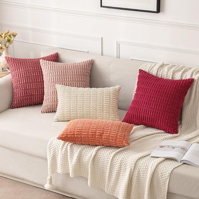 MIULEE Pack of 2 Corduroy Decorative Euro Sham Throw Pillow Covers 24x24 Inch Soft Boho Striped Pillow Covers Modern Farmhouse Home Decor for Summer Sofa Living Room Couch Bed Coral