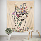 SVBright Peace and Love Beige Tapestry Abstract Hand Flower Botanical Wall Hanging 51Wx59H Inch Minimalist Hippie Floral Line Art Colorful Modern Finger Home Decor for Living Room Bedroom Dorm Fabric