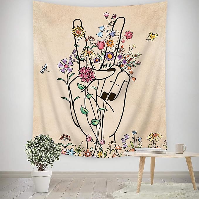 SVBright Peace and Love Beige Tapestry Abstract Hand Flower Botanical Wall Hanging 51Wx59H Inch Minimalist Hippie Floral Line Art Colorful Modern Finger Home Decor for Living Room Bedroom Dorm Fabric