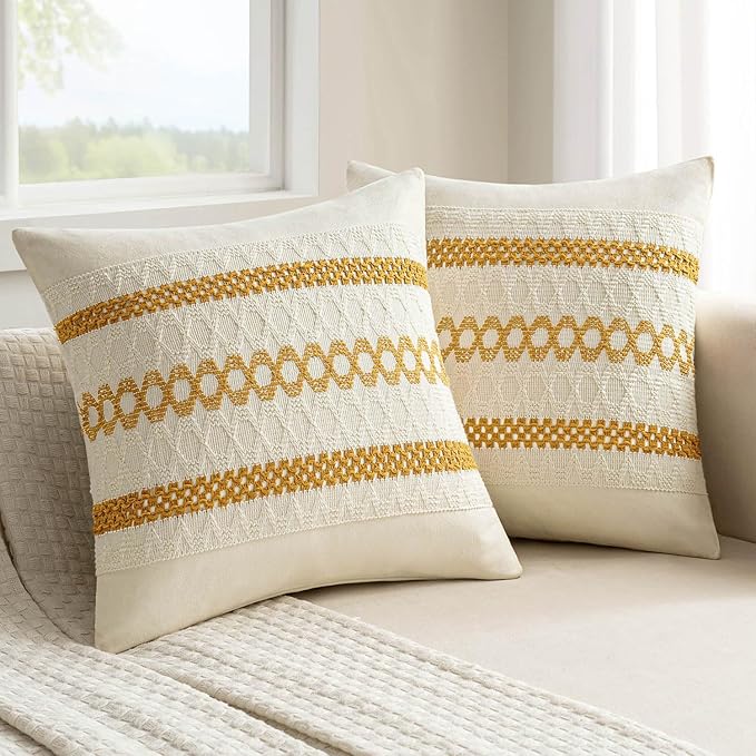 MIULEE Set of 2 Mustard Yellow Boho Decorative Pillow Covers 16x16 Inch Farmhouse Rustic Couch Throw Pillows Modern Cotton Cushion Covers Retro Cute Macrame Woven Spring Home Decor for Bed Sofa Chair