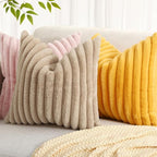 decorUhome Summer Cozy Faux Fur Throw Pillow Covers 18x18 Set of 2 Decorative Soft Plush Striped Modern Farmhouse Boho Couch Pillow Cases with Velvet Back for Sofa Bed Living Room, Pink