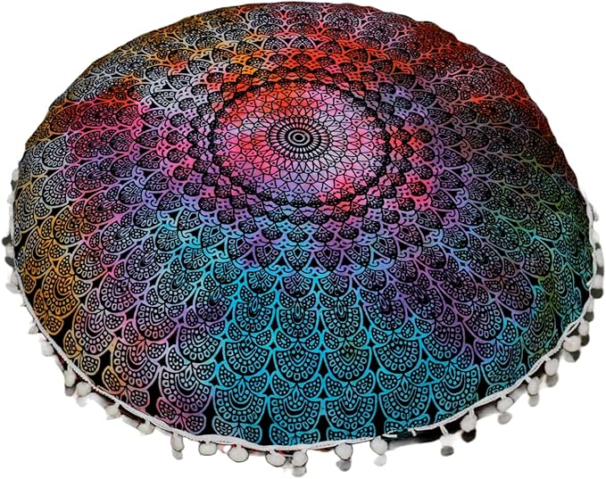 CRAFT KALA 22" Mandala Meditation Floor Pillows Cover Pouf Cover Round Seating Bohemian Mandala Cotton Floor Cushion Cover Outdoor Fireplace Seating Living Room Yoga Room Home Décor (Multi Peacock)