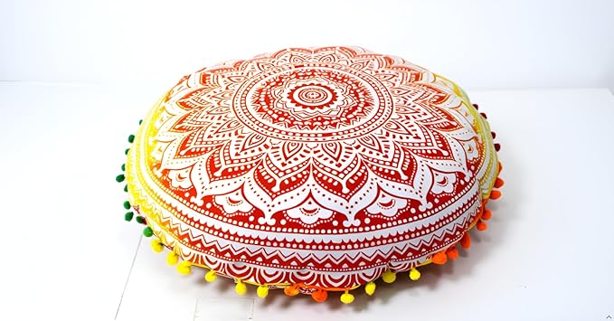 CRAFT KALA Boho Large Floor Pillow Pouf Cover Mandala Meditation Room Pillow Cover for Adults Round Bohemian Seating Pouf Cushion Cover for Kids Playroom 22" Yellow Orange Ombre