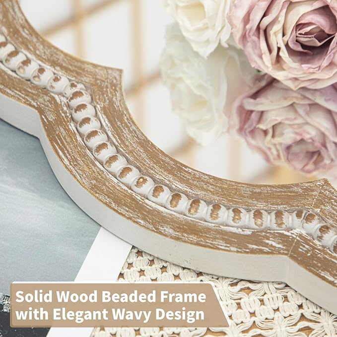 24 Inch Round Wall Mirror, Antique Brown Solid Wood Frame with Scalloped Edge & Beaded Trim, Vintage Farmhouse Mirror for Bathroom, Bedroom, Living Room
