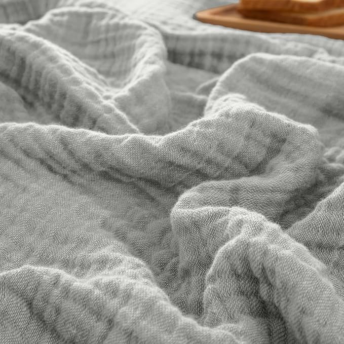 PHF 100% Cotton Muslin Throw XL Blanket Large 50" x 70", 4-Layer Lightweight Gauze Throw, Breathable Cloud-Soft Minimalist Blanket for Bed, Couch, Camping & Baby, Light Grey, Ideal Gift