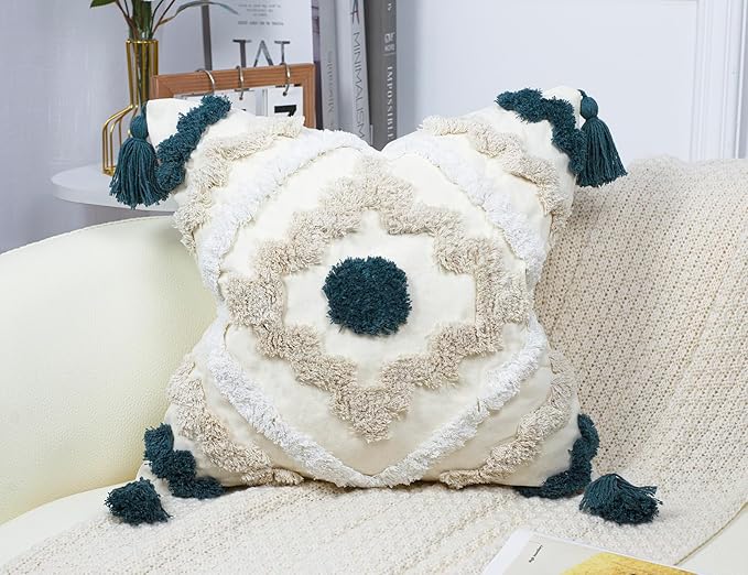 Decorative Farmhouse Throw Pillow Covers 16 x 16,Modern Neutral Couch Pillow Cover,Cotton Checked Pattern Boho Square Pillow Case Cover for Couch Bed Sofa Bedroom,Blue&Beige&White