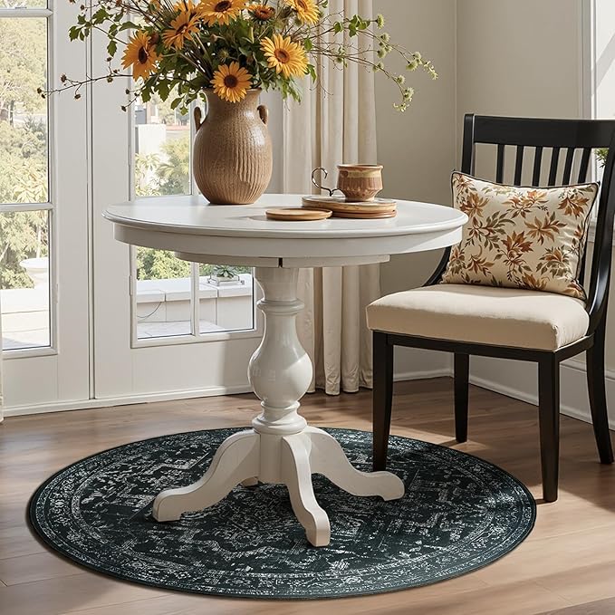 Black White Round Rugs 5ft, Non Slip Washable Thin Circle Rugs for Bedroom Living Room, Traditional Medallion Printed Circle Carpet 5 feet for Kitchen Dining Room