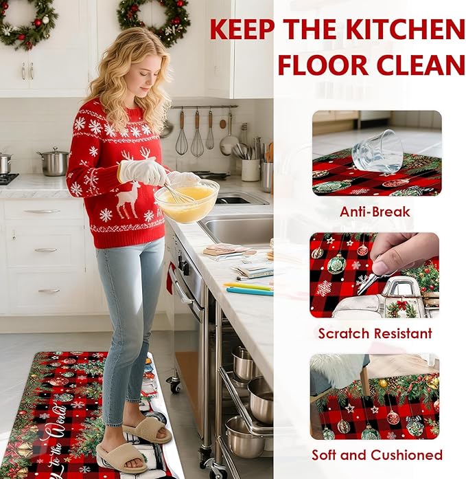 Christmas Rugs for Kitchen Floor, Red Buffalo Plaid Christmas Truck Mats for Kitchen Floor Rubber Non Slip, 2PCS Farmhouse XmasTree Kitchen Mat Cushioned for Room Doorway 15.7"×27.5" +15.7"×47"
