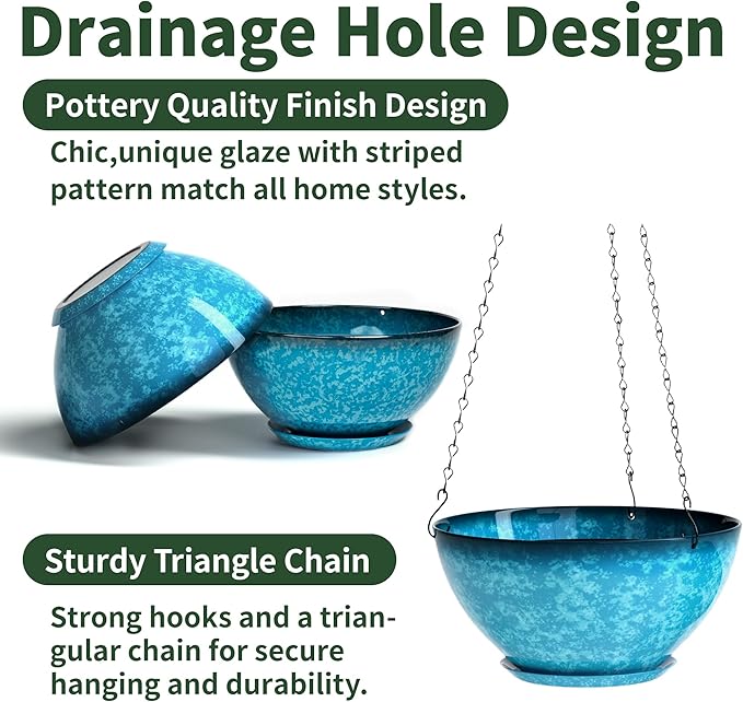 2 Pack 10 inch Hanging Planters, Plastic Hanging Plant Pots with Drainage Hole and Chain, Hanging Flower Pots for Outdoor Indoor Plants (Snowflake Blue)