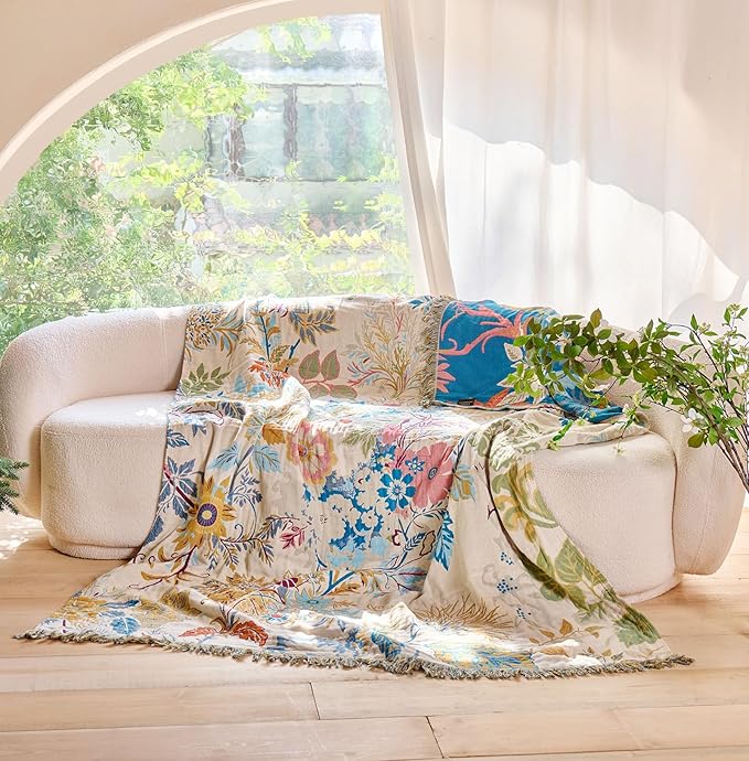 Boho Throw Blanket - 100% Cotton Throw Blankets for Bed Couch, 50"x60" Soft Muslin Lightweight Spring Throw Blanket, Cozy Floral Plant Printed Bohemain Bedding Decor Green Throw Quilt