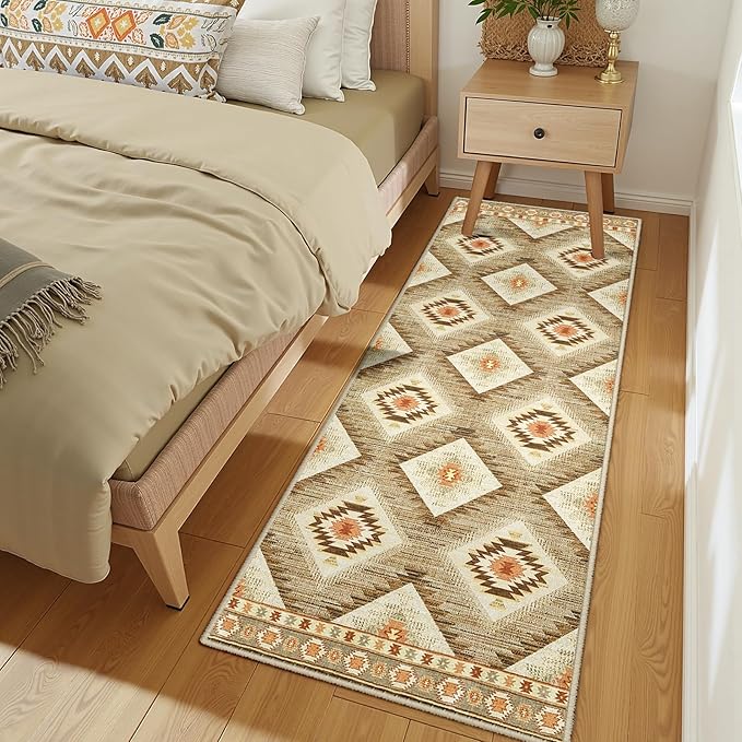 Area Rug 2x8 Rug Machine Washable Non-Slip Low Pile Print Pattern Western Rug for Living Room Bedroom Entryway Tribal Series -Cream/Camel