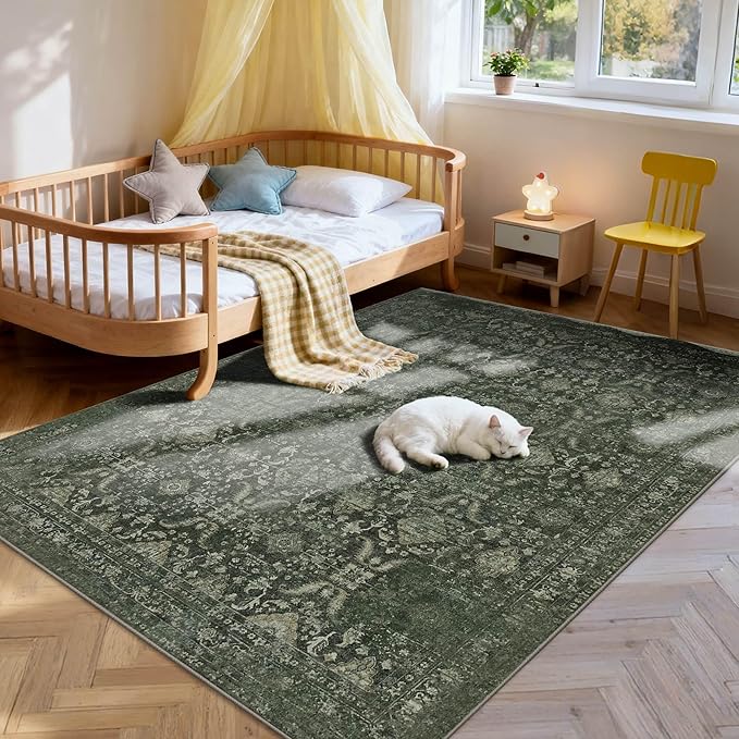 4x6 Rug for Living Room Bedroom, Green Washable Throw Rugs, Vintage Retro Boho Area Rugs, Non Slip & Low Pile Accent Throw Carpet for Indoor Dining Room, Kids Room and Office(Green 4x6ft)