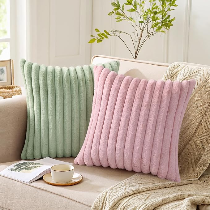 Pallene Faux Fur Plush Spring Throw Pillow Covers 16x16 Set of 2, Luxury Soft Fluffy Striped Decorative Pillow Covers for Sofa, Couch, Living Room, Sage Green