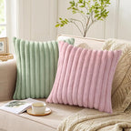 Pallene Faux Fur Plush Spring Throw Pillow Covers 24x24 Set of 2, Luxury Soft Fluffy Striped Decorative Pillow Covers for Sofa, Couch, Living Room, Sage Green
