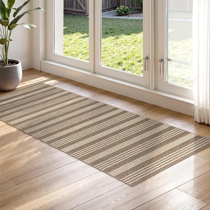 Lahome Striped Easy Jute 2x6 Runner Rug, Farmhouse Kitchen Rugs Non Slip Washable Entryway Hallway Runner, Neutral Non Shedding Lightweight Indoor Outdoor Carpet for Foyer Corridor, Khaki
