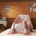 Boho Throw Blanket Twin Size, Soft Cozy Cotton Muslin Quilt Blanket for Bed Decor, Patchwork Block Couch Sofa Chair Cover, Vintage Farmhouse Cottage Tapestry Woven Blanket, Red&Orange