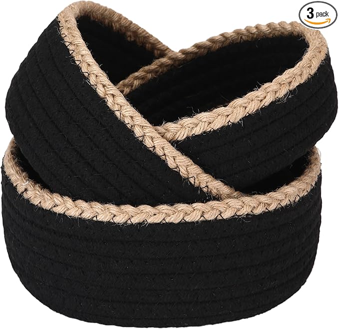Sea Team 3-Pack Small Cotton Rope Storage Basket Set - Portable Round Organizers with Jute Braid for Small Items, Keys, Makeup & Trinkets