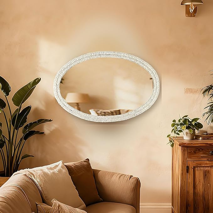 26" x 39" Oval Wall Mirror, Handwoven Natural Corn Husk Fiber with Light Whitewashed Finish, Boho Coastal Style for Entryway, Bedroom, Living Room, Vertical & Horizontal Hanging