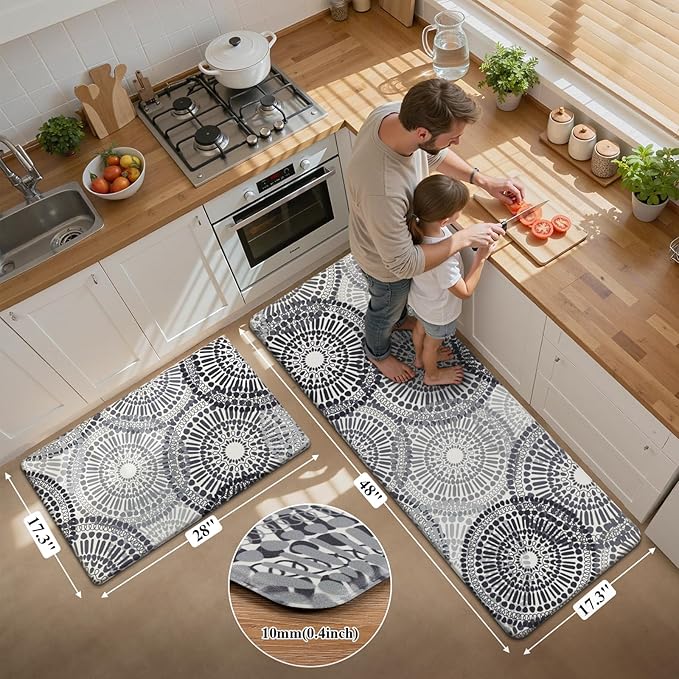 HEBE Cushioned Kitchen Mats for Floor Set of 2, Non Slip Anti Fatigue Kitchen Rugs and Mats, Floral Waterproof Comfort Foam Standing Mat Floor Carpet for Kitchen,Home Office,Sink,Laundry